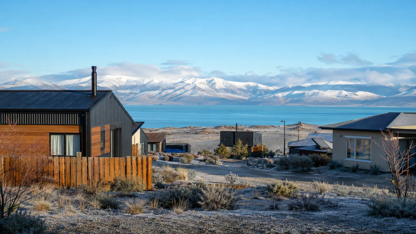 Viviendas en un paisaje invernal junto al Lago Argentino