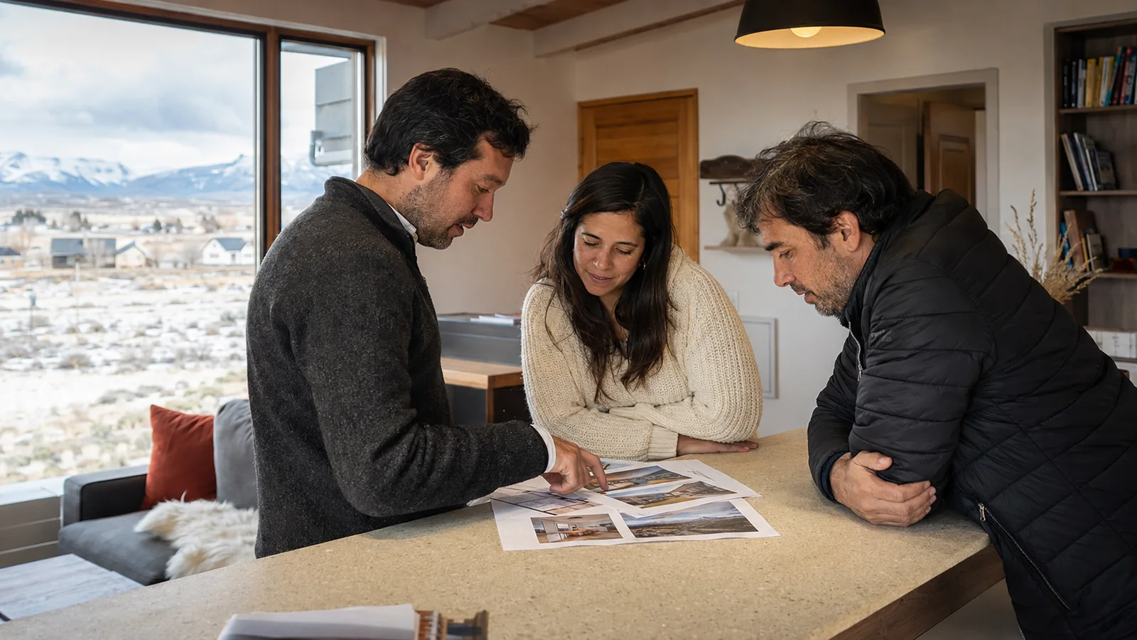 Profesional revisando información de una propiedad con sus propietarios